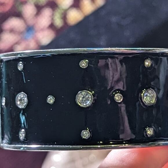 Signed Cookie Lee Black Enamel and Rhinestone Clamper Style Bracelet - Picture 5 of 6